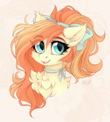 Size: 1800x2000 | Tagged: safe, artist:vird-gi, imported from derpibooru, oc, oc only, oc:sunshine drift, bat pony, pony, bat pony oc, bow, bust, chest fluff, ear fluff, eyebrows, eyebrows visible through hair, fangs, female, hair bow, looking at you, necktie, portrait, signature, simple background, smiling, smiling at you, solo