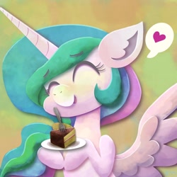 Size: 2048x2048 | Tagged: safe, artist:catscratchpaper, imported from derpibooru, princess celestia, alicorn, pony, ^^, abstract background, cake, cakelestia, cute, cutelestia, ear fluff, eyebrows, eyebrows visible through hair, eyes closed, female, food, fork, happy, high res, mare, open mouth, open smile, plate, smiling, solo, speech bubble, spoken heart, spread wings, wings