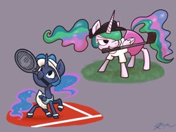 Size: 2048x1536 | Tagged: safe, artist:catscratchpaper, imported from derpibooru, princess celestia, princess luna, alicorn, pony, clothes, cute, cutelestia, duo, female, golf, golf club, lunabetes, mouth hold, skirt, sports, tennis, tennis raquet