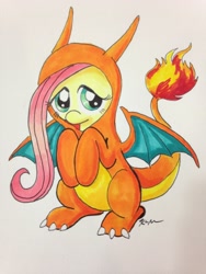 Size: 1536x2048 | Tagged: safe, artist:catscratchpaper, imported from derpibooru, fluttershy, charizard, pony, clothes, costume, cute, female, pokémon, shyabetes, solo, traditional art