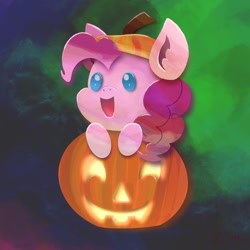 Size: 2048x2048 | Tagged: safe, artist:catscratchpaper, imported from derpibooru, pinkie pie, earth pony, pony, chibi, female, halloween, holiday, jack-o-lantern, pumpkin, solo