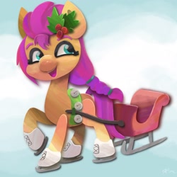 Size: 2048x2048 | Tagged: safe, artist:catscratchpaper, imported from derpibooru, sunny starscout, earth pony, pony, female, g5, holly, ice skating, open mouth, sleigh, snow, solo