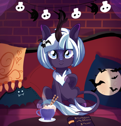 Size: 3451x3605 | Tagged: safe, artist:spookyle, imported from derpibooru, oc, oc only, oc:moonlit breeze, kirin, book, chocolate, decoration, female, food, hot chocolate, kirin oc, living room, mare, mug, pillow, solo