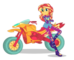 Size: 1400x1149 | Tagged: dead source, safe, imported from derpibooru, sunset shimmer, equestria girls, friendship games, boots, clothes, crossed arms, female, gloves, leaning, looking at you, motocross outfit, motorcross, motorcycle, official, raised leg, shoes, simple background, smiling, solo, transparent background, vector