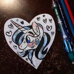 Size: 640x640 | Tagged: safe, artist:tree-spright, imported from derpibooru, trixie, pony, unicorn, alternate design, bust, floating heart, graph paper, heart, photo, portrait, solo, traditional art