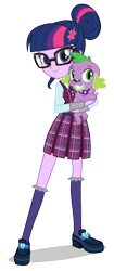 Size: 838x2000 | Tagged: dead source, safe, imported from derpibooru, sci-twi, spike, spike the regular dog, twilight sparkle, dog, unicorn, equestria girls, friendship games, clothes, crystal prep academy uniform, duo, fangs, female, glasses, grin, holding, holding a dog, hug, looking at you, male, official, school uniform, shoes, simple background, smiling, socks, stockings, thigh highs, transparent background, vector