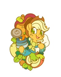 Size: 664x835 | Tagged: safe, artist:drtuo4, imported from derpibooru, part of a set, applejack, earth pony, pony, apple, bag, bowl, carrot, clothes, food, fruit, looking at you, scarf, simple background, solo, sweater, white background