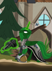 Size: 1104x1500 | Tagged: safe, artist:grypher, imported from derpibooru, oc, oc only, oc:starwing, alicorn, pony, armor, artificial alicorn, destiny (video game), gun, magic, solo, telekinesis, weapon