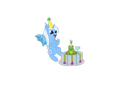 Size: 6400x4800 | Tagged: safe, imported from derpibooru, oc, oc only, oc:snow heart, alicorn, bat pony, bat pony alicorn, frog, bat wings, cake, digital art, ear fluff, food, happy, horn, membranous wings, pineapple, simple background, transparent background, wings