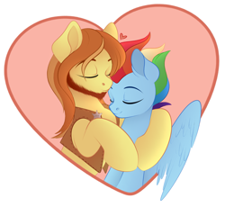 Size: 3755x3455 | Tagged: safe, artist:vetta, imported from derpibooru, braeburn, rainbow dash, earth pony, pegasus, pony, braedash, female, hug, male, older, older braeburn, older rainbow dash, shipping, simple background, straight, white background