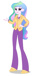 Size: 875x2000 | Tagged: dead source, safe, imported from derpibooru, princess celestia, equestria girls, brooch, clothes, cutie mark accessory, cutie mark brooch, female, hand on hip, jacket, jewelry, looking at you, official, pants, principal celestia, shoes, simple background, smiling, solo, transparent background, vector