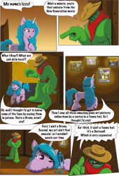 Size: 2212x3247 | Tagged: safe, artist:cactuscowboydan, imported from derpibooru, izzy moonbow, oc, pony, unicorn, comic:the good the bad and the pony, spoiler:g5, artwork, breaking the fourth wall, cactus, cowboy hat, cute, finger, g5, hand, hat, house, stetson, wide eyes