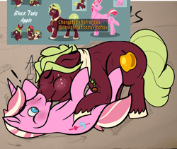 Size: 1500x1265 | Tagged: safe, artist:ashcatarts, imported from derpibooru, oc, oc:black twig apple, oc:riposte, earth pony, pony, unicorn, blushing, exclamation point, eyes closed, freckles, gay, kissing, lying down, male, oc x oc, offspring, offspring shipping, on back, parent:big macintosh, parent:cheerilee, parent:princess cadance, parent:shining armor, parents:cheerimac, parents:shiningcadance, shipping, stallion