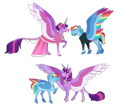 Size: 5000x4300 | Tagged: safe, artist:uunicornicc, imported from derpibooru, rainbow dash, twilight sparkle, alicorn, classical unicorn, pegasus, pony, unicorn, accessory, alternate design, cheek fluff, clothes, cloven hooves, coat markings, colored wings, crown, dress, eyeshadow, facial markings, female, folded wings, hoof shoes, jewelry, leonine tail, lesbian, makeup, multicolored wings, neck fluff, peytral, rainbow wings, raised hoof, regalia, shipping, simple background, size difference, smiling, snip (coat marking), spread wings, suit, tail, transparent background, tuxedo, twidash, twilight sparkle (alicorn), unshorn fetlocks, wings