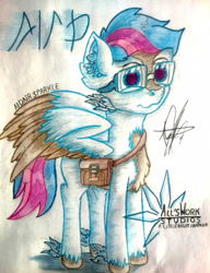 Size: 2977x3883 | Tagged: safe, artist:aldairsparkle, imported from derpibooru, oc, oc:alansparks, pegasus, pony, all'swork studios, color drawing, happy, happy face, pencil, pencil drawing, photo, solo, spoilers for another series, spread wings, traditional art, unknown language, wings