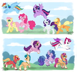 Size: 5650x5236 | Tagged: safe, artist:julunis14, imported from derpibooru, applejack, fluttershy, hitch trailblazer, izzy moonbow, pinkie pie, pipp petals, rainbow dash, rarity, sprout cloverleaf, sunny starscout, twilight sparkle, zipp storm, alicorn, earth pony, pegasus, pony, unicorn, absurd resolution, chest fluff, circlet, colored hooves, ear fluff, female, flying, g5, jumping, looking at each other, looking at someone, male, mane five (g5), mane six, mare, my little pony: a new generation, new mane six (g5), open mouth, open smile, outdoors, race swap, sash, smiling, split screen, spread wings, stallion, sunnycorn, turned head, twilight sparkle (alicorn), unshorn fetlocks, walking, wings