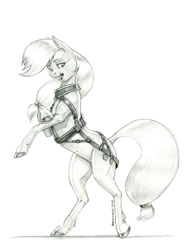 Size: 1000x1347 | Tagged: safe, artist:baron engel, imported from derpibooru, applejack, earth pony, pony, female, grayscale, harness, monochrome, open mouth, pencil drawing, rearing, simple background, solo, tack, traditional art, white background