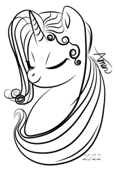 Size: 2180x3281 | Tagged: safe, artist:c.a.m.e.l.l.i.a, imported from derpibooru, oc, oc:lilce, unicorn, baby hair, beautiful, black and white, digital art, grayscale, monochrome, simple background, white background