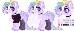 Size: 4413x1885 | Tagged: safe, artist:miioko, imported from derpibooru, oc, oc only, earth pony, pony, bust, choker, clothes, earth pony oc, eyelashes, female, mare, multicolored hair, rainbow hair, reference sheet, simple background, socks, solo, white background