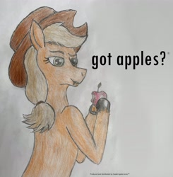 Size: 3612x3690 | Tagged: safe, imported from derpibooru, applejack, earth pony, pony, apple, female, food, got milk, hat, herbivore, mare, text, traditional art