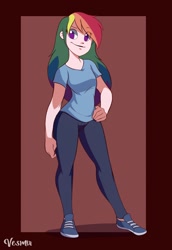 Size: 1452x2106 | Tagged: safe, artist:elstiv, artist:vesmirart, imported from derpibooru, rainbow dash, human, 2020, abstract background, hand on hip, humanized, redraw, smiling, solo