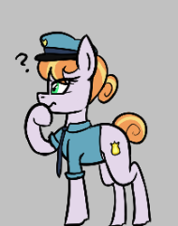 Size: 209x265 | Tagged: safe, copper top, pony, aggie.io, clothes, confused, female, hat, lowres, mare, police, raised hoof, simple background
