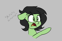 Size: 332x221 | Tagged: safe, oc, oc:filly anon, pony, aggie.io, female, filly, frown, lowres, mare, open mouth, pointing, simple background