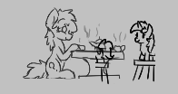 Size: 196x104 | Tagged: safe, lyra heartstrings, oc, oc:filly anon, earth pony, pony, unicorn, aggie.io, female, filly, food, lowres, mare, monochrome, simple background, sitting, table