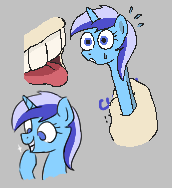 Size: 172x188 | Tagged: safe, minuette, pony, unicorn, aggie.io, female, lowres, mare, simple background, smiling, sweat, teeth, tongue out, toothbrush