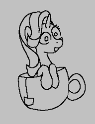 Size: 224x293 | Tagged: safe, starlight glimmer, pony, aggie.io, cup, female, lowres, mare, monochrome, open mouth, simple background, smiling, teacup