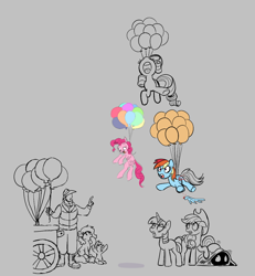 Size: 1026x1111 | Tagged: safe, applejack, fluttershy, pinkie pie, rainbow dash, rarity, twilight sparkle, oc, oc:anon, oc:filly anon, earth pony, pegasus, pony, unicorn, aggie.io, balloon, cart, female, filly, flying, hat, hiding, mare, open mouth, pointing, raised hoof, screaming, simple background, sitting, smiling, unicorn twilight, wingless