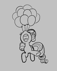 Size: 347x433 | Tagged: safe, rarity, pony, unicorn, aggie.io, balloon, female, flying, lowres, mare, monochrome, raised hoof, screaming, simple background