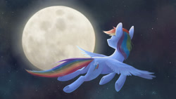 Size: 1600x900 | Tagged: safe, artist:kisynya193, imported from derpibooru, rainbow dash, pegasus, pony, female, flying, full moon, mare, moon, night, signature, sky, solo, stars