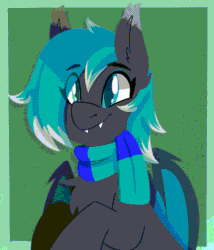 Size: 1096x1280 | Tagged: safe, artist:modularpon, imported from derpibooru, oc, oc only, bat pony, pony, animated, chest fluff, clothes, cute, ear fluff, ear tufts, ear twitch, eeee, fangs, heterochromia, ocbetes, open mouth, scarf, smiling, solo, striped scarf