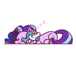 Size: 800x600 | Tagged: safe, artist:flutterluv, imported from derpibooru, princess celestia, princess luna, starlight glimmer, pony, unicorn, onomatopoeia, plushie, simple background, sleeping, solo, sound effects, transparent background, zzz