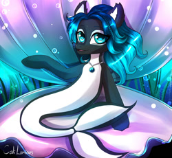 Size: 1600x1474 | Tagged: safe, artist:calipona, imported from ponybooru, oc, oc only, oc:coral bay, hybrid, merpony, orca, orca pony, original species, seapony (g4), whale, blue eyes, blue mane, bubble, crepuscular rays, cute, ear fluff, ears, female, fish tail, flowing mane, jewelry, looking at you, necklace, ocean, open mouth, seashell, seaweed, sitting, smiling, solo, sunlight, tail, underwater, water