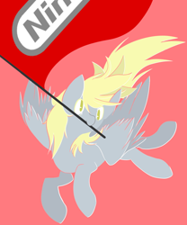 Size: 500x600 | Tagged: safe, artist:clair, edit, editor:undeadponysoldier, imported from ponybooru, derpy hooves, pegasus, pony, fan, female, flag, full body, happy, innocent, lineless, logo, mare, mouth hold, nintendo, nintendo logo, pink background, simple background, solo, spread wings, wings