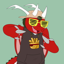 Size: 2012x2012 | Tagged: safe, artist:2k.bugbytes, imported from ponybooru, oc, oc only, oc:dragonfire(havock), dracony, dragon, hybrid, pony, backwards ballcap, baseball cap, cap, clothes, exotic butters, fangs, folded wings, green background, hat, hoodie, male, open mouth, simple background, solo, sunglasses, torn clothes, wings