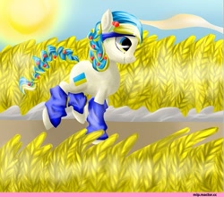 Size: 667x588 | Tagged: safe, artist:crazymay, imported from derpibooru, oc, oc:ukraine, pony, food, nation ponies, ponified, sky, solo, sun, ukraine, wheat