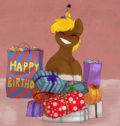 Size: 1773x1866 | Tagged: safe, artist:2k.bugbytes, imported from ponybooru, oc, oc only, oc:acres, earth pony, pony, birthday, blonde, blonde mane, brown coat, chest fluff, coat markings, earth pony oc, eyes closed, gift art, hat, male, party hat, present, smiling, socks (coat marking), solo, stallion