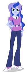 Size: 780x2000 | Tagged: dead source, safe, imported from derpibooru, princess luna, equestria girls, belt, clothes, eyeshadow, female, hand on waist, looking at you, makeup, official, pants, shirt, shoes, simple background, solo, transparent background, vector, vice principal luna