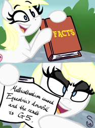 Size: 760x1015 | Tagged: safe, artist:quarium edits, edit, editor:jessijinx, imported from ponybooru, oc, oc:aryanne, earth pony, pony, 2 panel comic, aryan, aryan pony, bipedal, book, caption, comic, ed edd n eddy, exploitable, exploitable meme, female, g5, glare, hoof hold, image macro, lidded eyes, lyra's fact book, mare, meme, nazi, open mouth, pointing, smiling, smirk, solo, template, text, twilight's fact book, wide eyes