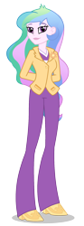 Size: 744x2000 | Tagged: dead source, safe, imported from derpibooru, princess celestia, equestria girls, arm behind back, brooch, clothes, cutie mark accessory, cutie mark brooch, female, jacket, jewelry, looking at you, pants, principal celestia, shoes, simple background, smiling, solo, transparent background, vector