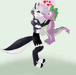 Size: 1280x1268 | Tagged: safe, artist:mojo1985, imported from derpibooru, spike, dragon, hellhound, blushing, crossover, crossover shipping, eyes closed, female, floating heart, heart, helluva boss, holding, holding a dragon, kissing, loona (helluva boss), male, shipping, smooch, spikelove, spiloona, straight, surprise kiss