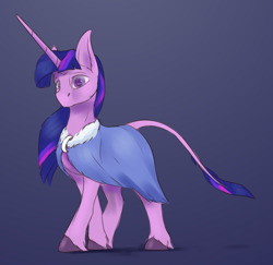 Size: 2218x2160 | Tagged: safe, artist:tenebrisnoctus, imported from derpibooru, twilight sparkle, classical unicorn, pony, unicorn, cape, clothes, female, gradient background, high res, horn, leonine tail, long horn, mare, solo, tail, unicorn twilight, unshorn fetlocks