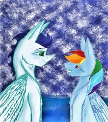 Size: 1153x1309 | Tagged: safe, artist:nightalein, imported from derpibooru, rainbow dash, soarin', pegasus, pony, female, looking at each other, looking at someone, male, shipping, soarindash, straight, traditional art