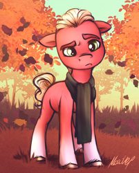 Size: 1440x1791 | Tagged: safe, artist:buttersprinkle, imported from derpibooru, sprout cloverleaf, earth pony, pony, autumn, clothes, floppy ears, g5, leaves, male, my little pony: a new generation, scarf, solo, stallion, tree