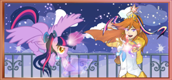 Size: 2300x1080 | Tagged: safe, artist:icy_passio, imported from derpibooru, twilight sparkle, alicorn, human, ace attorney, athena cykes, balcony, cloud, crossover, crown, elements of justice, female, horn, jewelry, lawyer, magic, night, regalia, twilight sparkle (alicorn)