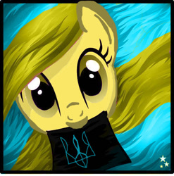 Size: 597x604 | Tagged: safe, artist:mlp1drawer, imported from derpibooru, oc, oc:ukraine, earth pony, pony, looking at you, mouth hold, nation ponies, national emblem, solo, trident, tryzub, ukraine