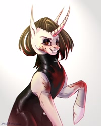 Size: 1728x2160 | Tagged: safe, artist:inarimayer, imported from derpibooru, oc, oc only, pony, unicorn, blood, cross, curved horn, grin, horn, latex, latex suit, makeup, smiling, solo, unicorn oc